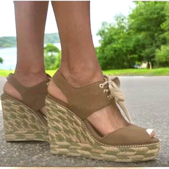 Tory Burch Espadrille Linley Wedge Sandals Brown Canvas with Green/Tan Jute 8M - Picture 3 of 16